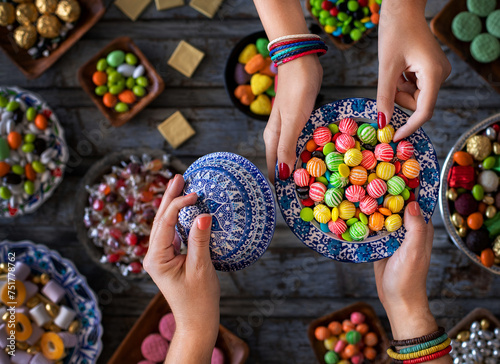 Ramadan holiday candies in the bowl. Şeker bayramı or bayram şekeri  photo
