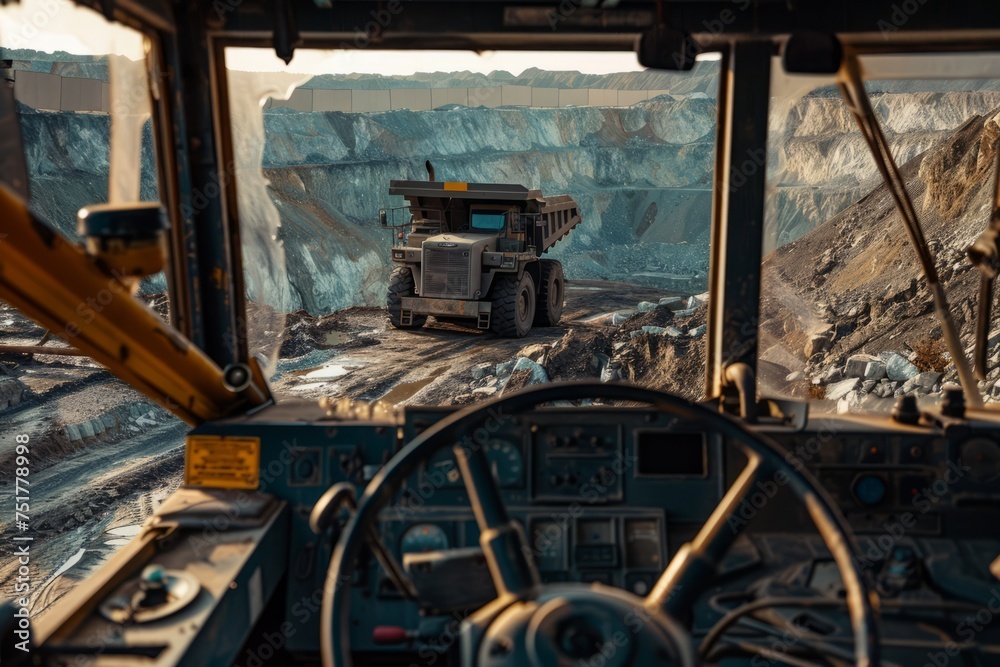 view of the quarry from the cabin of a mining dump truck