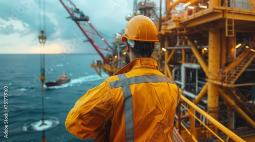 Worker in safety gear standing with back turned, looking out over the sea from an offshore oil rig platform.