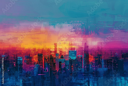 Compose a mottled background inspired by the colorful, chaotic energy of a metropolitan skyline at dusk, with the fading light of day giving way to the neon glow of urban life