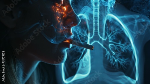 Profile of a woman smoking a cigarette with a digitally imposed x-ray effect of lungs. photo