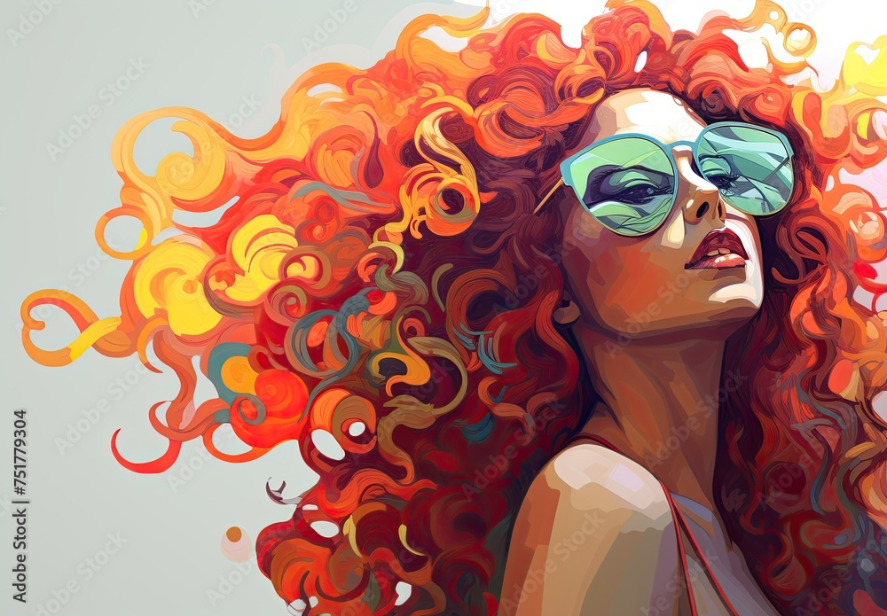 Beautiful young woman in sunglasses. Fashionable image of the model. The female image is drawn. Illustration for poster, cover, brochure, card, postcard, interior design or print. - obrazy, fototapety, plakaty 