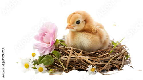 Baby Chicken Sitting in Nest With Pink Flower