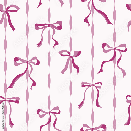 Coquette fuchsia Bows on a Pink curved stripes Background pattern
