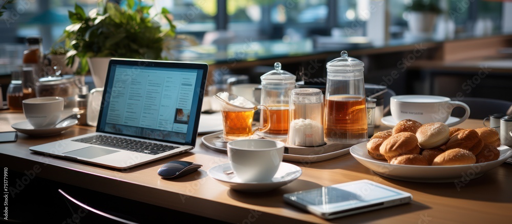 Portrait of modern office interior with electronic devices and coffee cups on the table