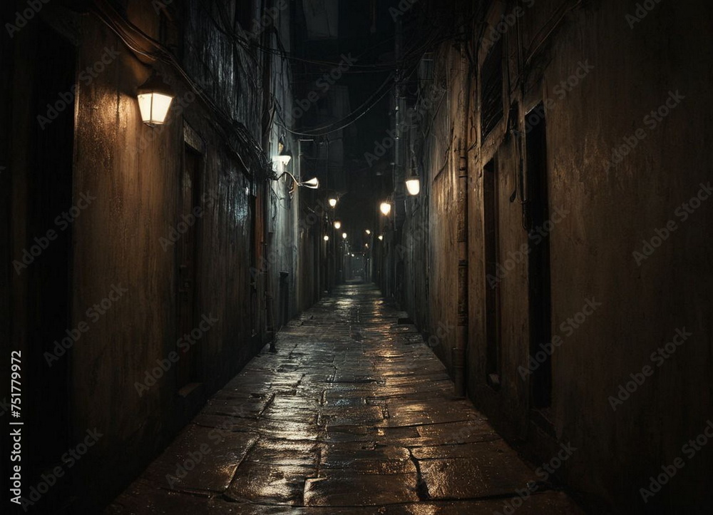 A narrow passage between the streets. An alley with a sidewalk and a narrow footpath between the walls of residential buildings. European architecture. A gloomy area with low lighting in the old town.