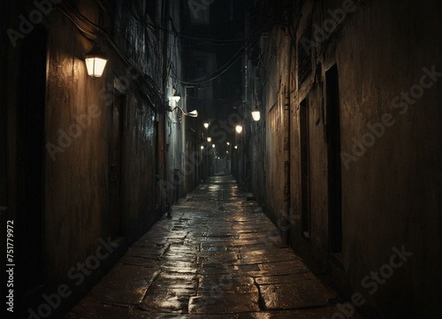 A narrow passage between the streets. An alley with a sidewalk and a narrow footpath between the walls of residential buildings. European architecture. A gloomy area with low lighting in the old town.