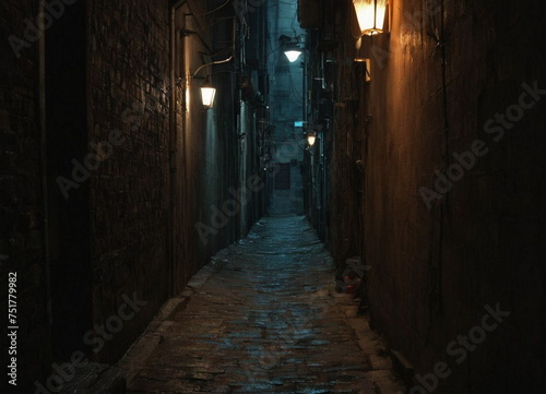 A narrow passage between the streets. An alley with a sidewalk and a narrow footpath between the walls of residential buildings. European architecture. A gloomy area with low lighting in the old town. © Алексей Леганьков