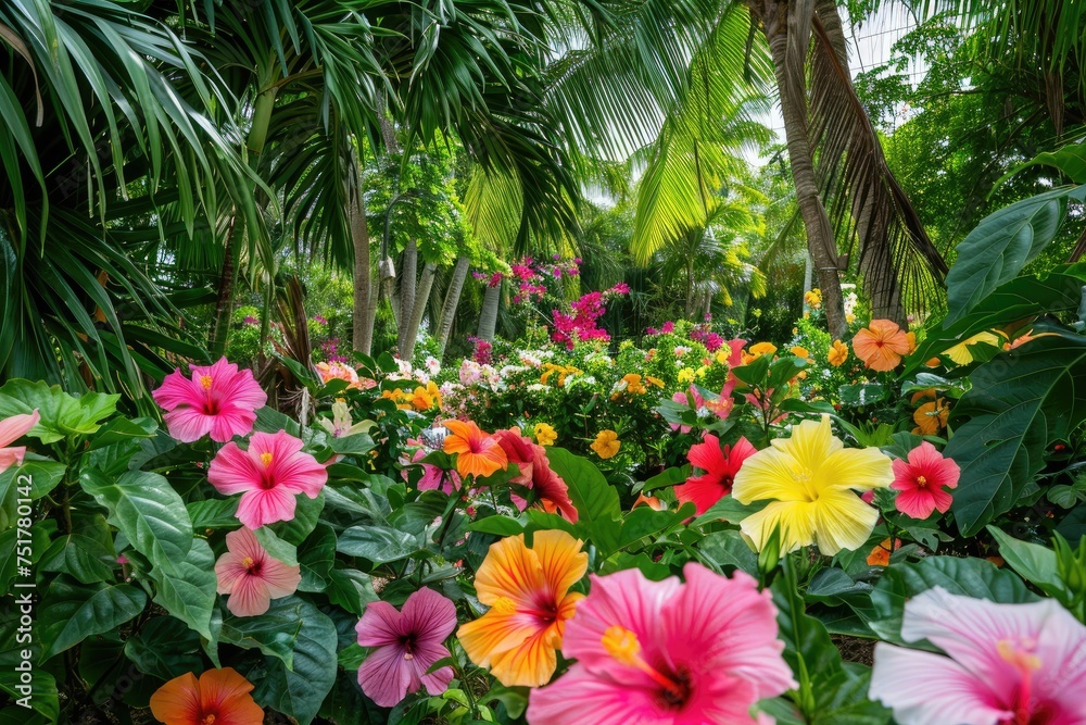 Hibiscus Wonderland: Burst of Color in Garden Retreat, AI Generative
