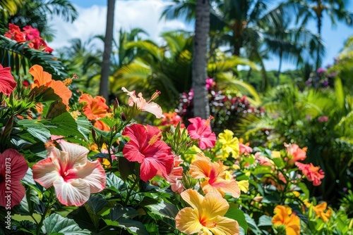 Wallpaper Mural Hibiscus Majesty: Profusion of Flowers in Tropical Setting, AI Generative
 Torontodigital.ca
