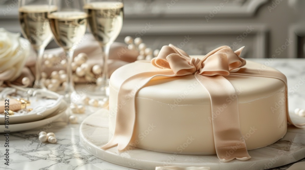 Creamy cake decorated with bow, on the festive table with glasses of champagne. Picture for a menu Creamy cake decorated with bow, on the festive table with glasses of champagne. Picture for a menu
