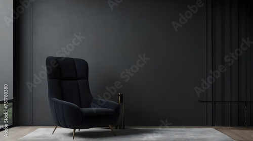 Black living room Interior design. Modern minimalistic interior with an armchair. 3d rendering