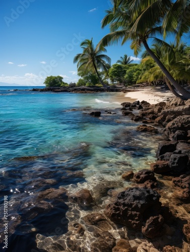 Palm trees line a tropical beach with crystal clear water