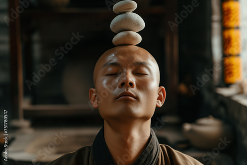 AI Generated Image. Smooth Zen stone pebbles balancing on a bald head of the young male Asian monk meditating photo