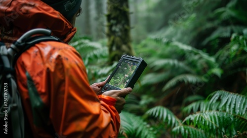 Person in Red Jacket Holding Tablet in Forest