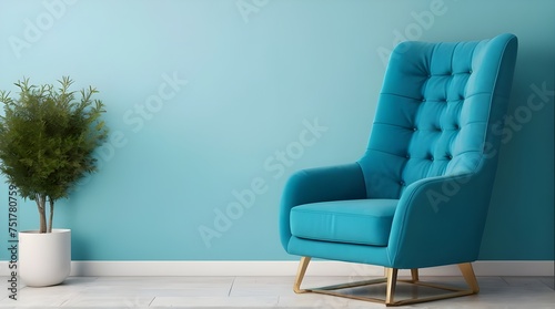 Modern minimalist interior with an blue armchair on empty white wall background.3d rendering