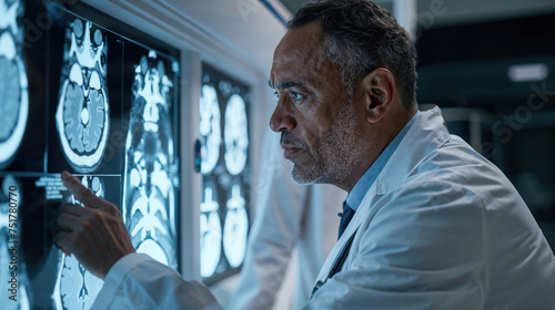 Focused Doctor Analyzing Brain MRI Scans. Generative AI image photo