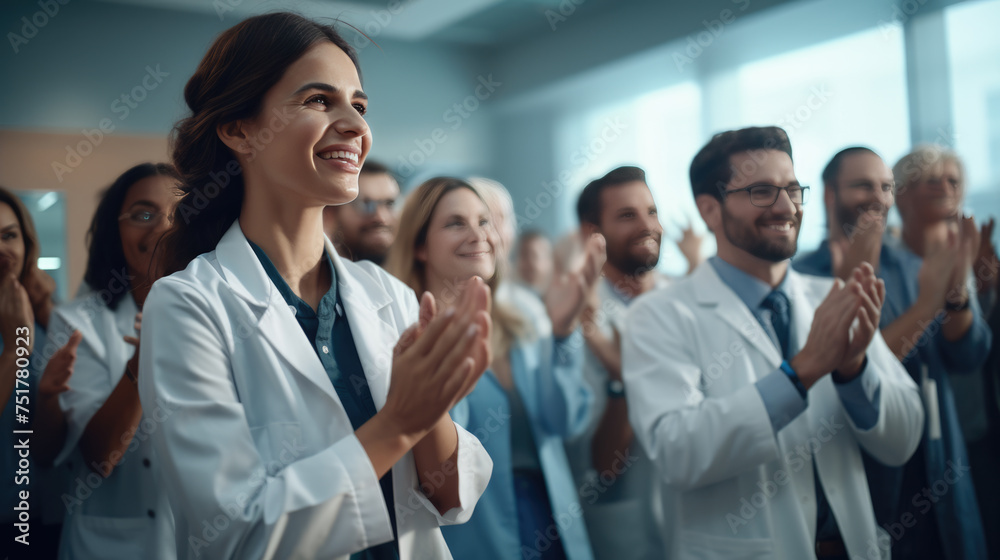 A group of healthcare professionals in lab coats clapping and smiling, seemingly celebrating or acknowledging a success or achievement. - obrazy, fototapety, plakaty 
