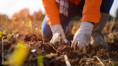 Person in Orange Shirt and White Gloves Digging in Dirt photo