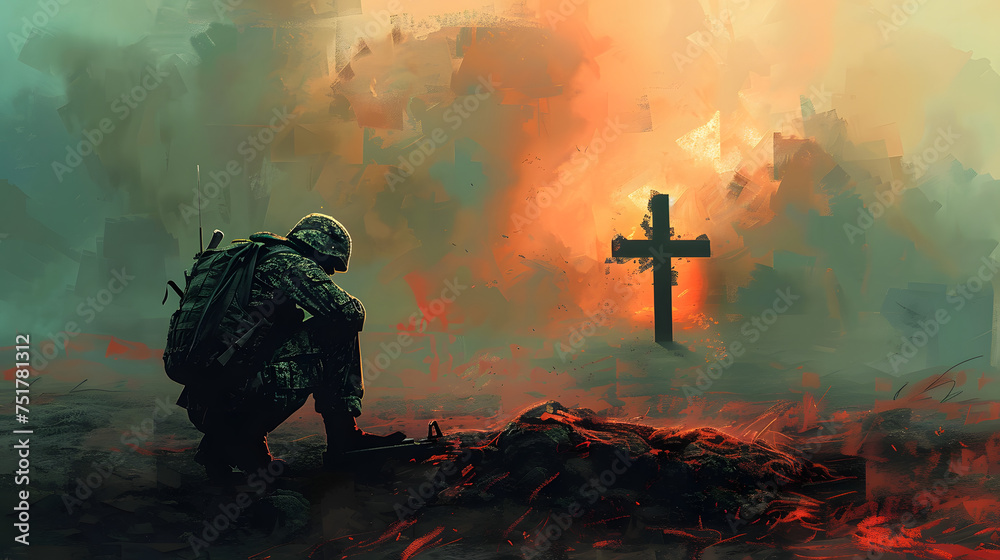 Christian soldier praying with cross in the background. Digital painting - obrazy, fototapety, plakaty 