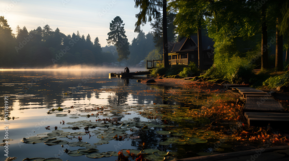 A serene lakeside scene at dawn, with mist rising from the water's ...