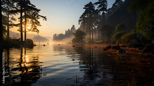 A serene lakeside scene at dawn, with mist rising from the water's surface and the soft glow of the morning sun casting a peaceful ambiance