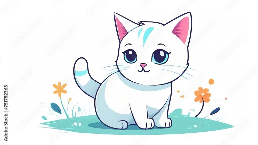 Obraz premium illustration of a cute cartoon white kitten isolated on a white background. Little cute watercolor animals.