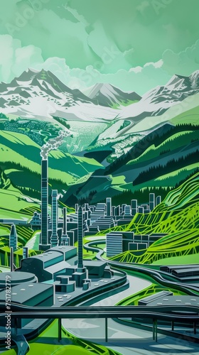 futuristic city Paper cutout, industrial estate, Mountains in the background, green elements