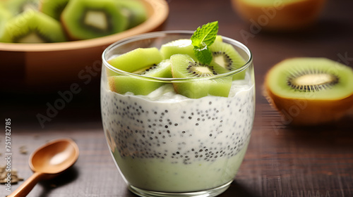 Glass of yogurt topped with fresh kiwi slices and crunchy granola. Perfect for healthy breakfast or snack 