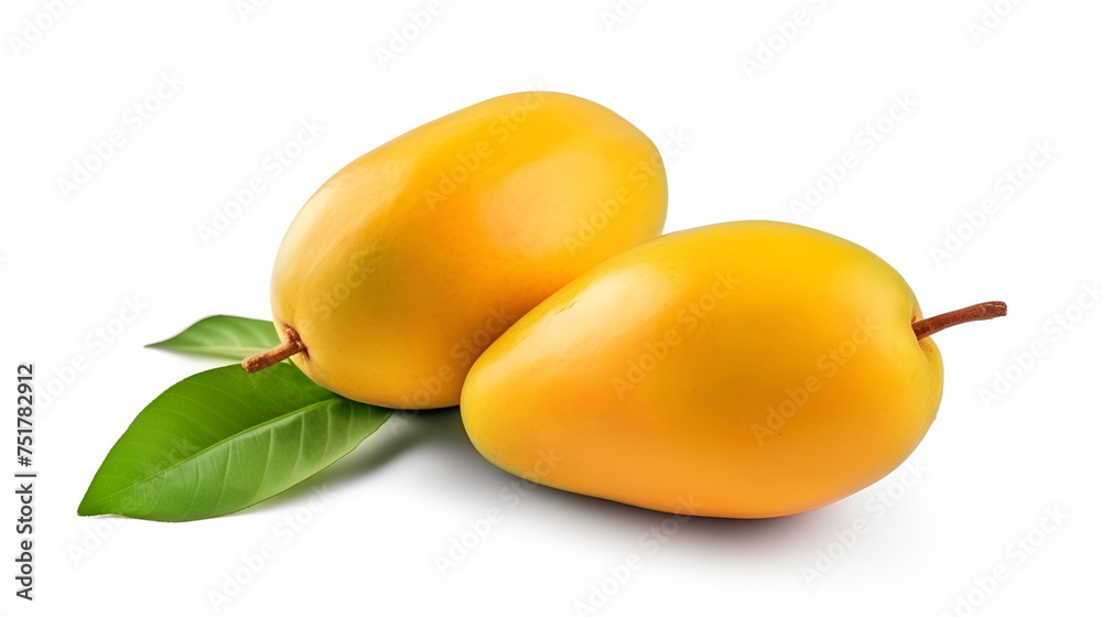 Mango isolated on the white background. Pile of fresh tropical mangoes top view ,Mango fruits with mango leaves Isolated on a white background.
