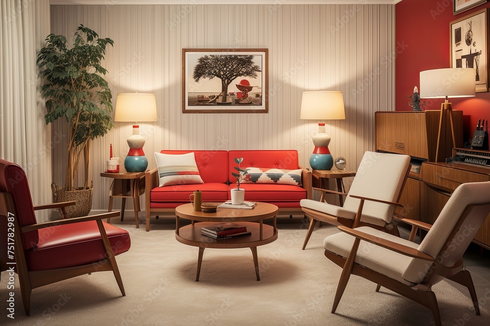 Fototapeta premium Retro Red and White Mid-Century Living Room: Vinyl Seat Furnishings & Unique Lighting Fixtures
