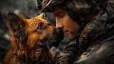 a man and a dog are looking at each other in the rain