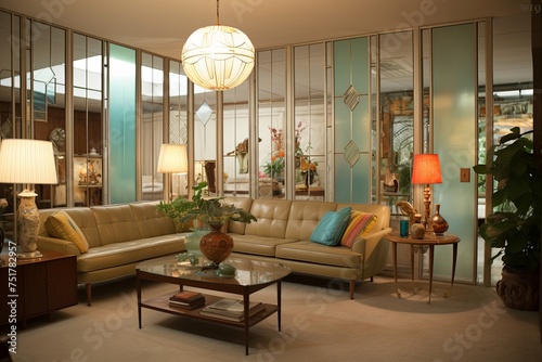 Vintage Glass Panel Room Dividers Elevate Mid-Century Living Room Ambiance