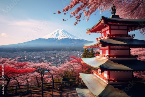the pagoda with red leaves overlooking mount fuji
