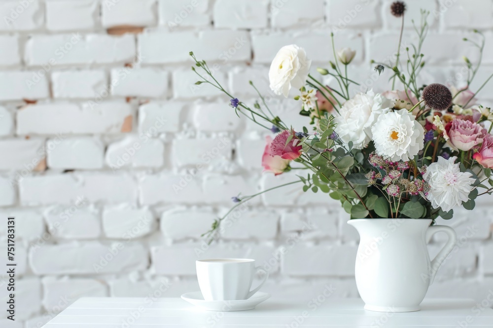 White Table with Flower Bouquet, Coffee Cup on White Brick Wall Background, Morning Greeting Card White Table with Flower Bouquet, Coffee Cup on White Brick Wall Background, Morning Greeting Card