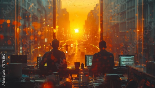 two people are sitting at desks in front of a window looking out at a city at sunset . High quality