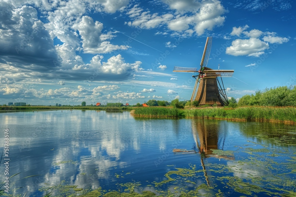 Old Windmill in Summer, Holland, Netherlands Wind Mill, Windmill with Copy Space