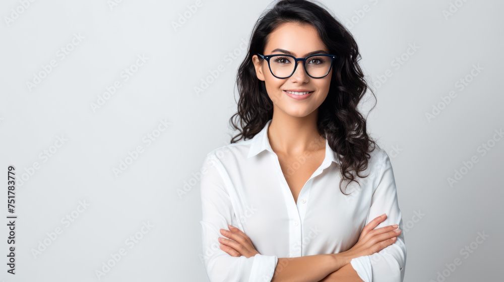 Smiling woman with curly hair and glasses, wearing a white shirt, against light grey background Smiling woman with curly hair and glasses, wearing a white shirt, against light grey background