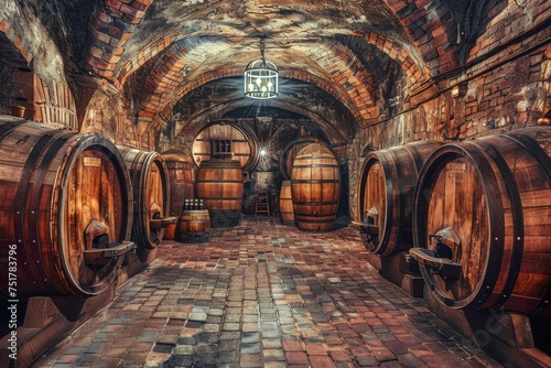 Old Wine Cellar with Oak Barrels, Winery Basement, Wine Cellar, Copy Space