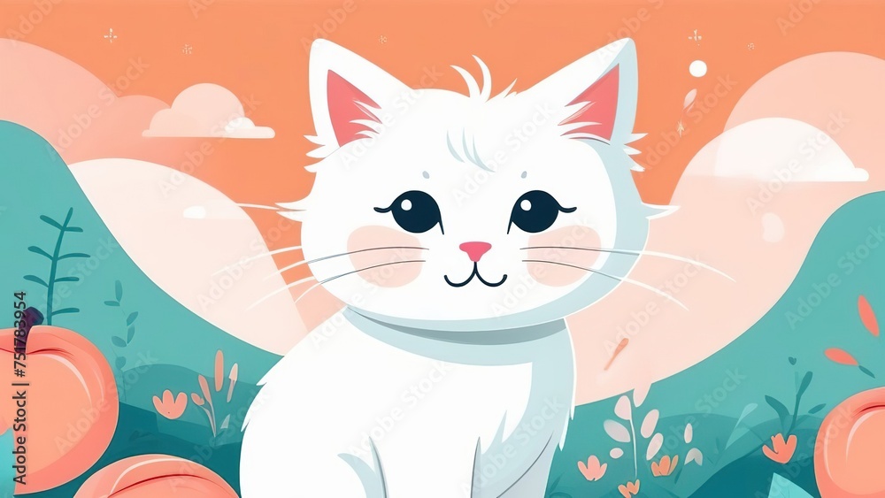 illustration of a cute cartoon white kitten, peach fuzz background. Little cute watercolor animals. illustration of a cute cartoon white kitten, peach fuzz background. Little cute watercolor animals.