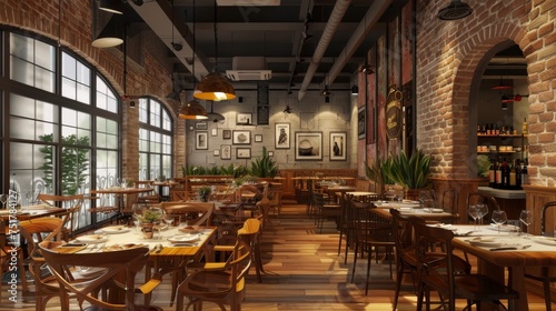 Traditional Italian Restaurant With Brick Wall and Wooden Tables