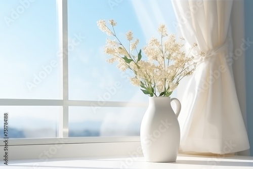 White Pot on Window Sill Background, Sun Morning Mockup, House Windows Banner with Copy Space