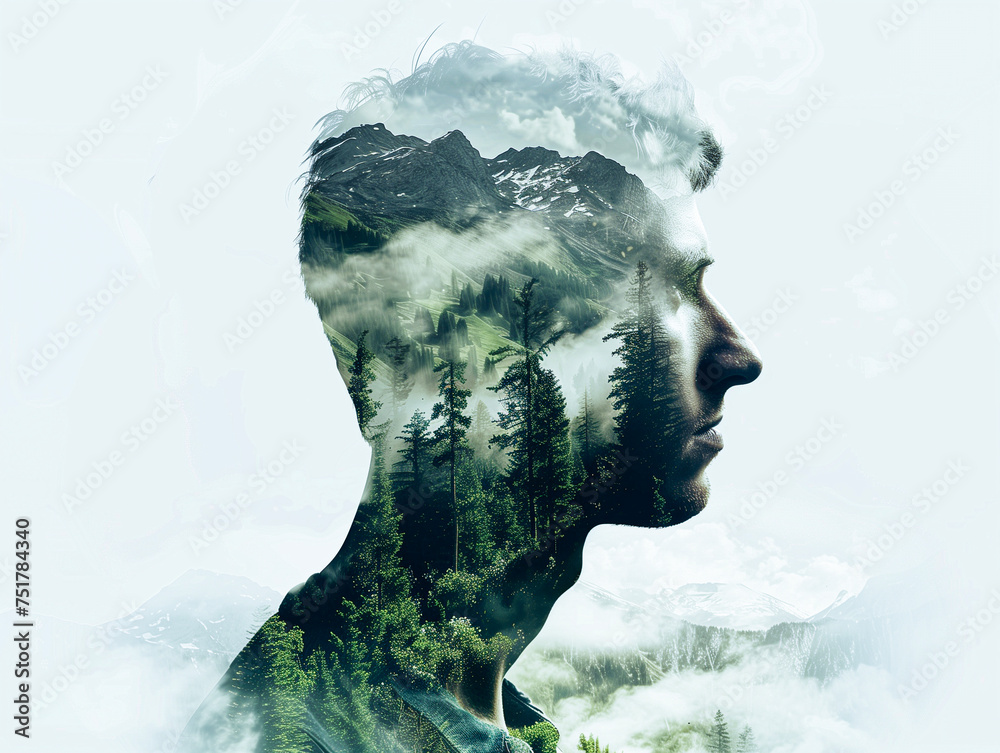 Double exposure photo, man and natural landscape blend together,human and nature, peace of mind,abstract mentation,meditation,contemplative,philosophy, silhouett of woman,forest resources,ESG,woods