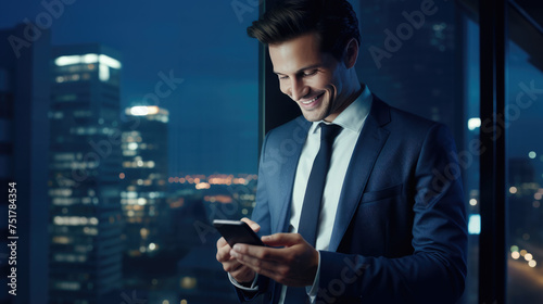 Smiling man in a business suit is looking at his smartphone against office background