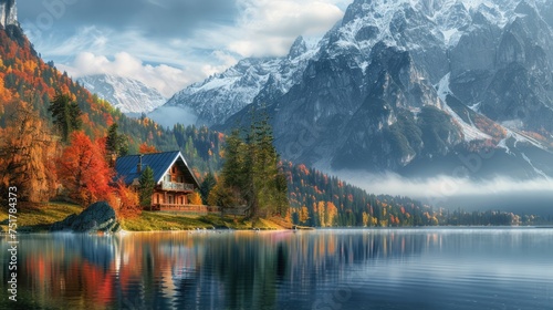 The photo captures a moment of serenity and solitude, with a small cabin harmoniously blending into the scenic landscape of a mountain lake, offering a peaceful refuge.