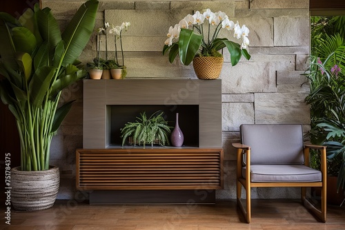 Mid-Century Style Fireplace Area: Fern and Orchid Side Table Elegance