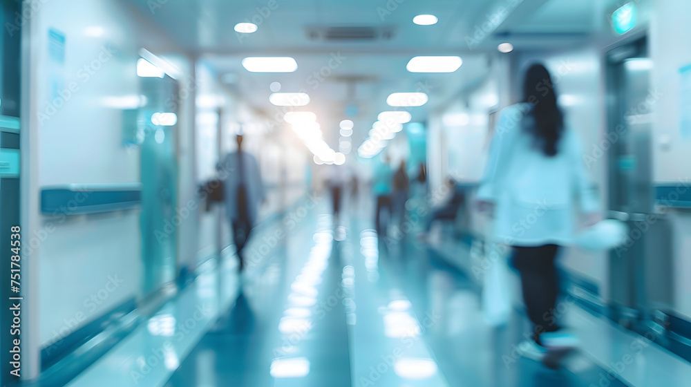 Abstract blurred image of doctor and patient people in hospital interior or clinic corridor for background