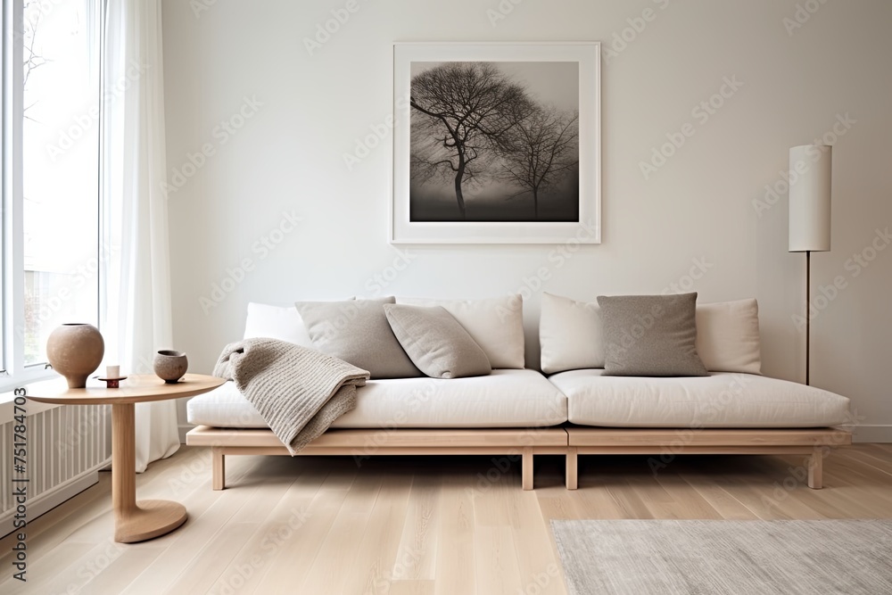 Fototapeta premium Minimalist Home Oasis: Elegant Furniture, Clean Lines, Chic Textiles