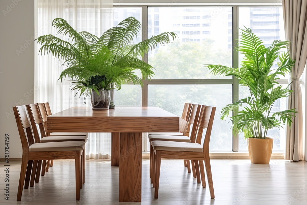 Fototapeta premium Minimalist Dining Room: Solid Wood Table Set Beside Lush Fern and Orchid Displays