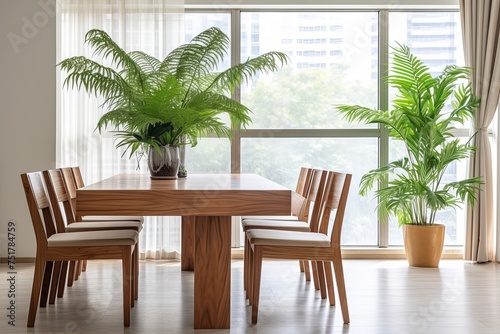 Minimalist Dining Room  Solid Wood Table Set Beside Lush Fern and Orchid Displays